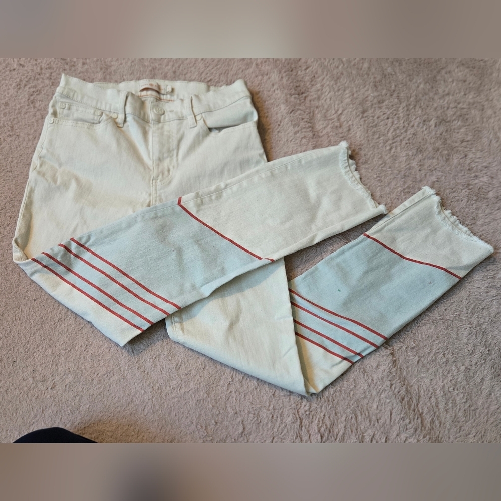 Tory Burch Ankle Skinny Jeans in White with Red Blue Accents